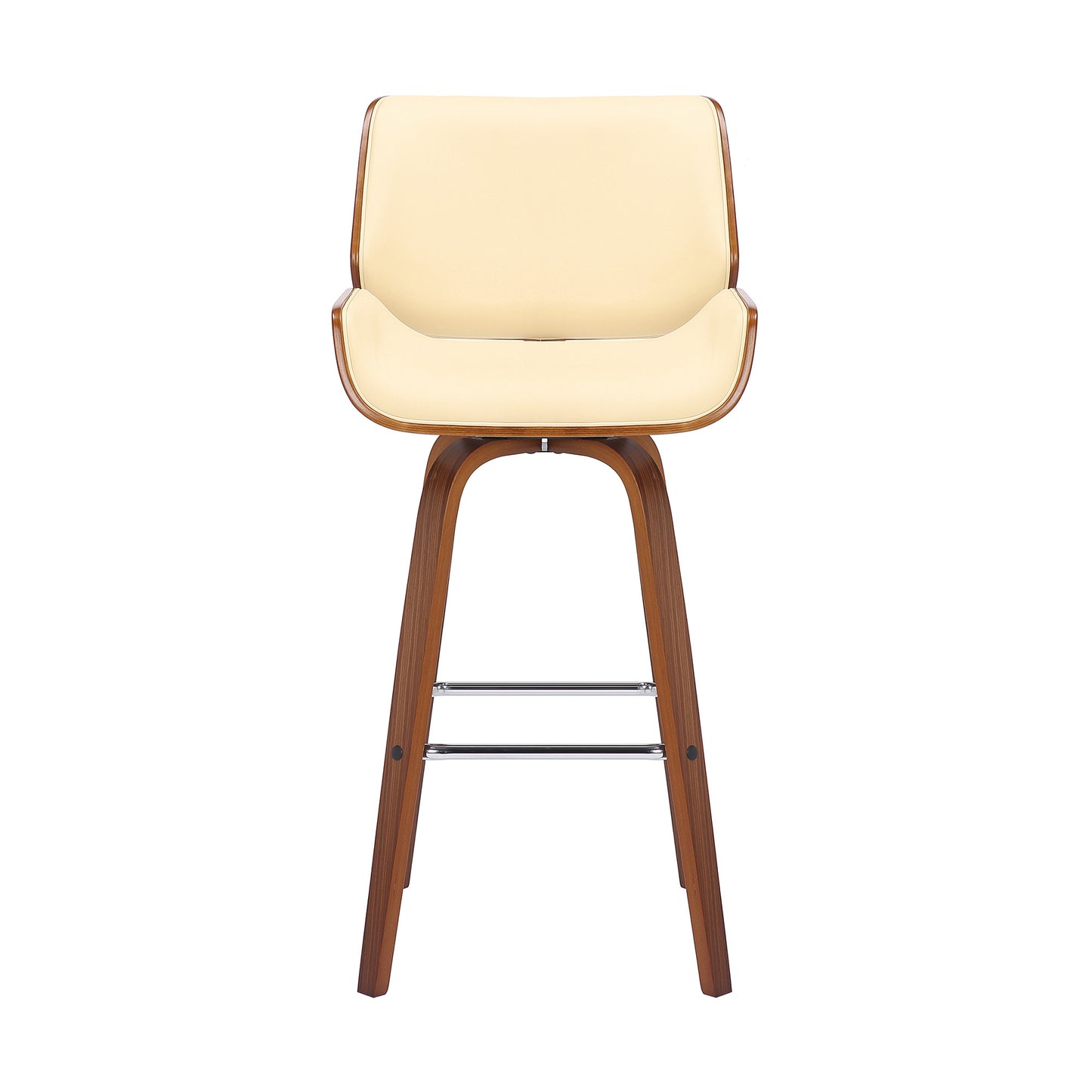 26" Cream And Brown Faux Leather And Solid Wood Swivel Counter Height Bar Chair
