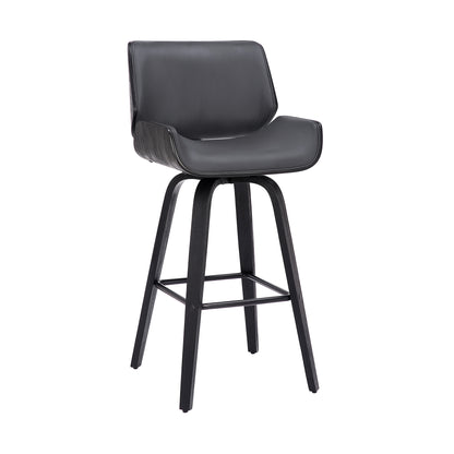 30" Gray and Black Faux Leather and Iron Bar Height Swivel Bar Chair