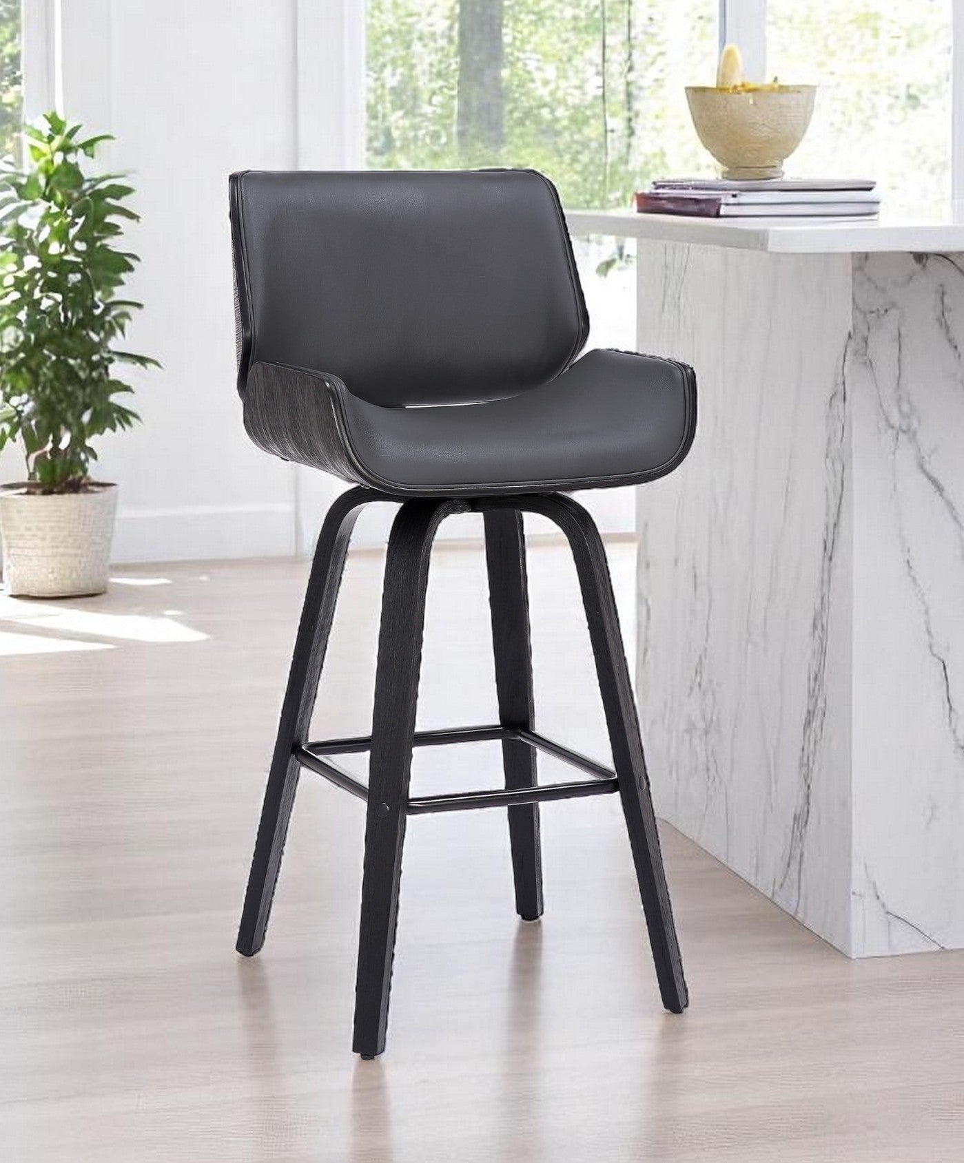 30" Gray and Black Faux Leather and Iron Bar Height Swivel Bar Chair