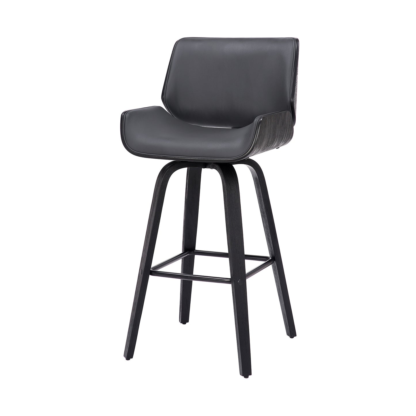 30" Gray and Black Faux Leather and Iron Bar Height Swivel Bar Chair