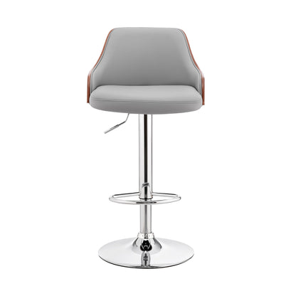 Gray And Silver Faux Leather And Iron Adjustable Height Swivel Bar Chair