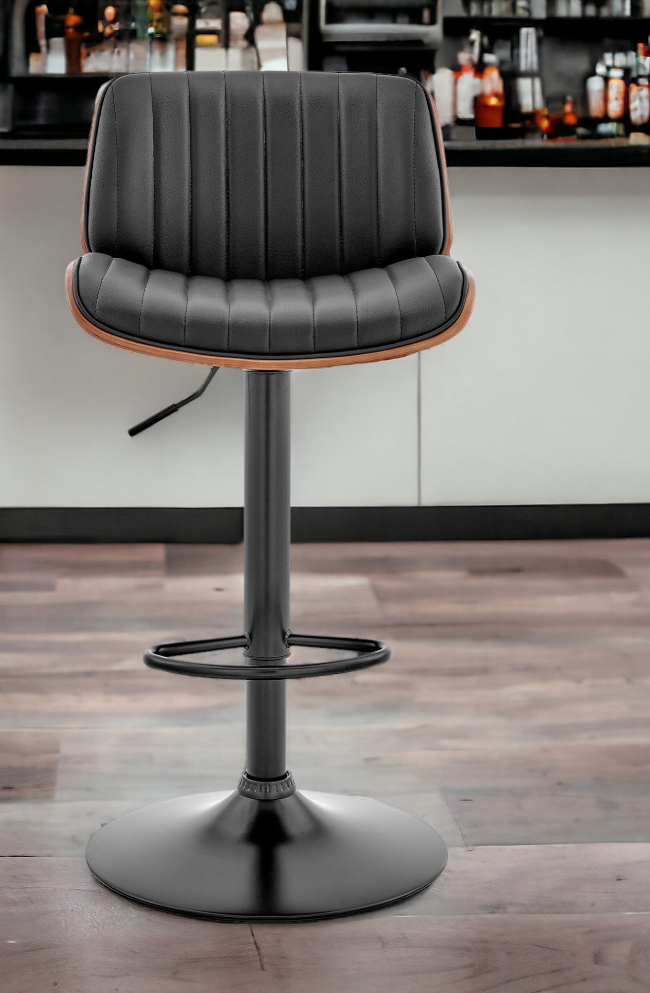 Dark Gray Brown And Black Iron and Faux Leather Adjustable Height Swivel Bar Chair