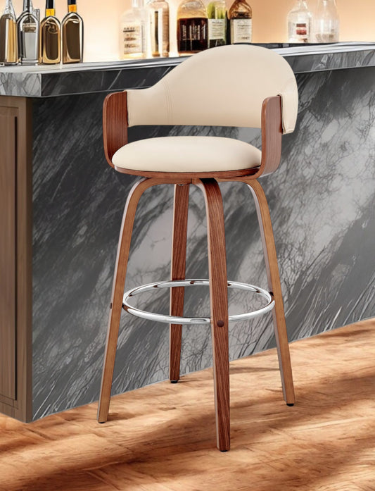 30" Cream and Brown Fabric Low Back Bar Height Swivel Bar Chair