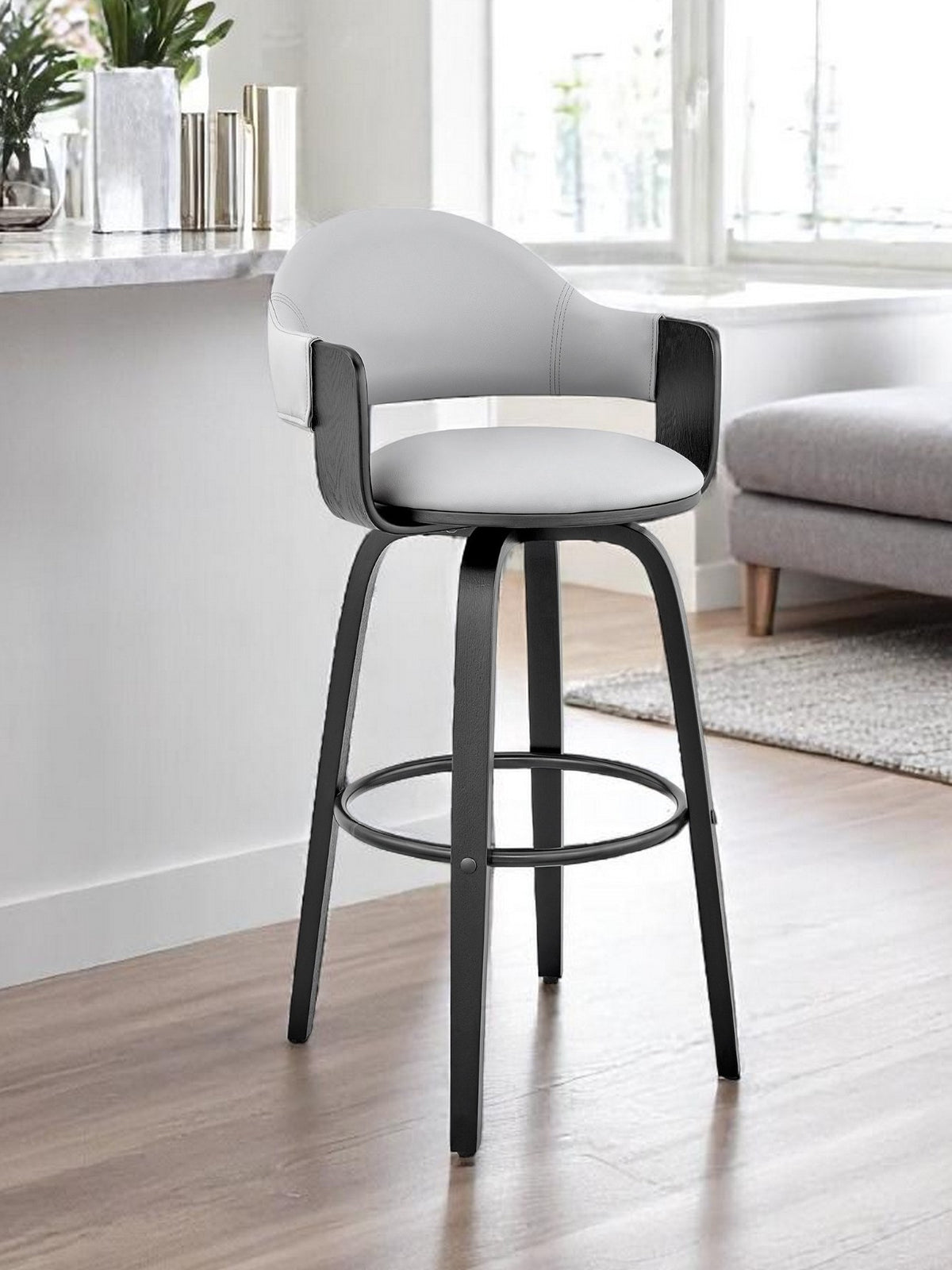 26" Gray And Black Iron Swivel Low Back Counter Height Bar Chair