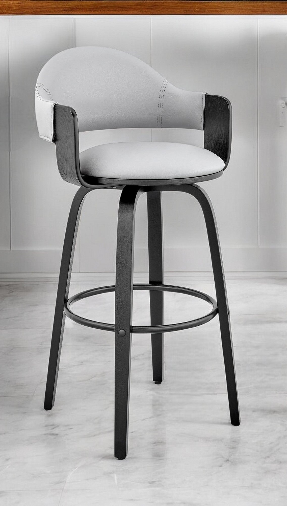 30" Gray and Black Fabric and Iron Low Back Bar Height Swivel Bar Chair
