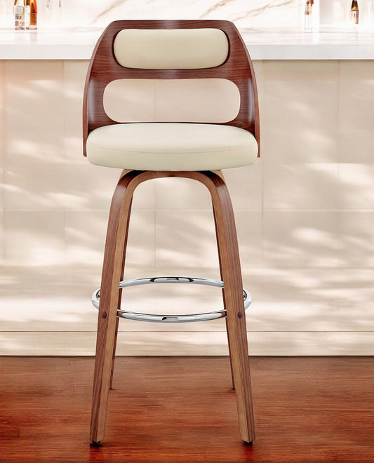 30" Cream and Brown Faux Leather Swivel Bar Chair