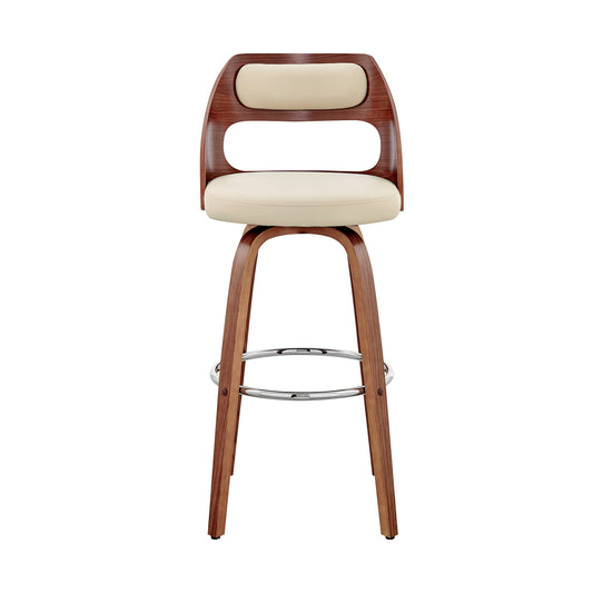 30" Cream and Brown Faux Leather Swivel Bar Chair