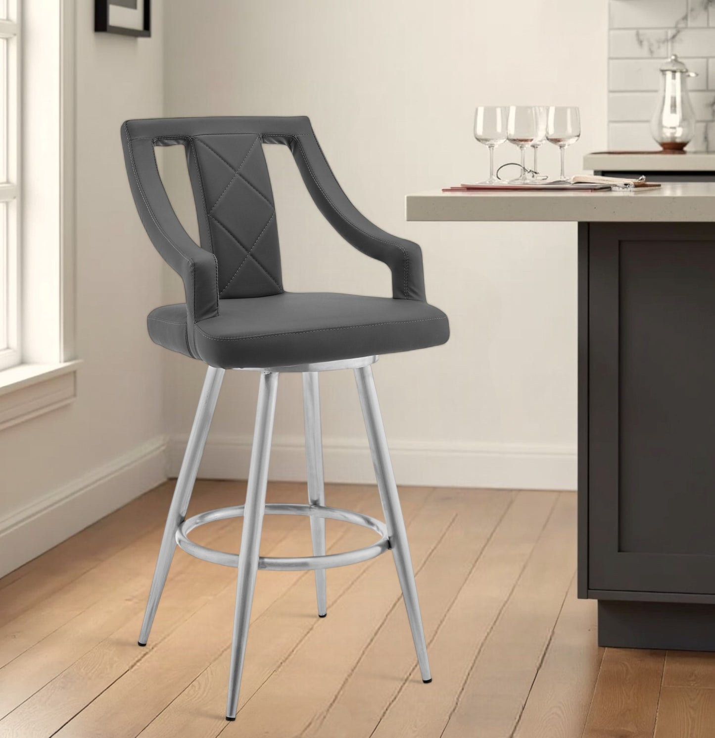 25" Gray and Silver Faux Leather and Iron Counter Height Swivel Bar Chair