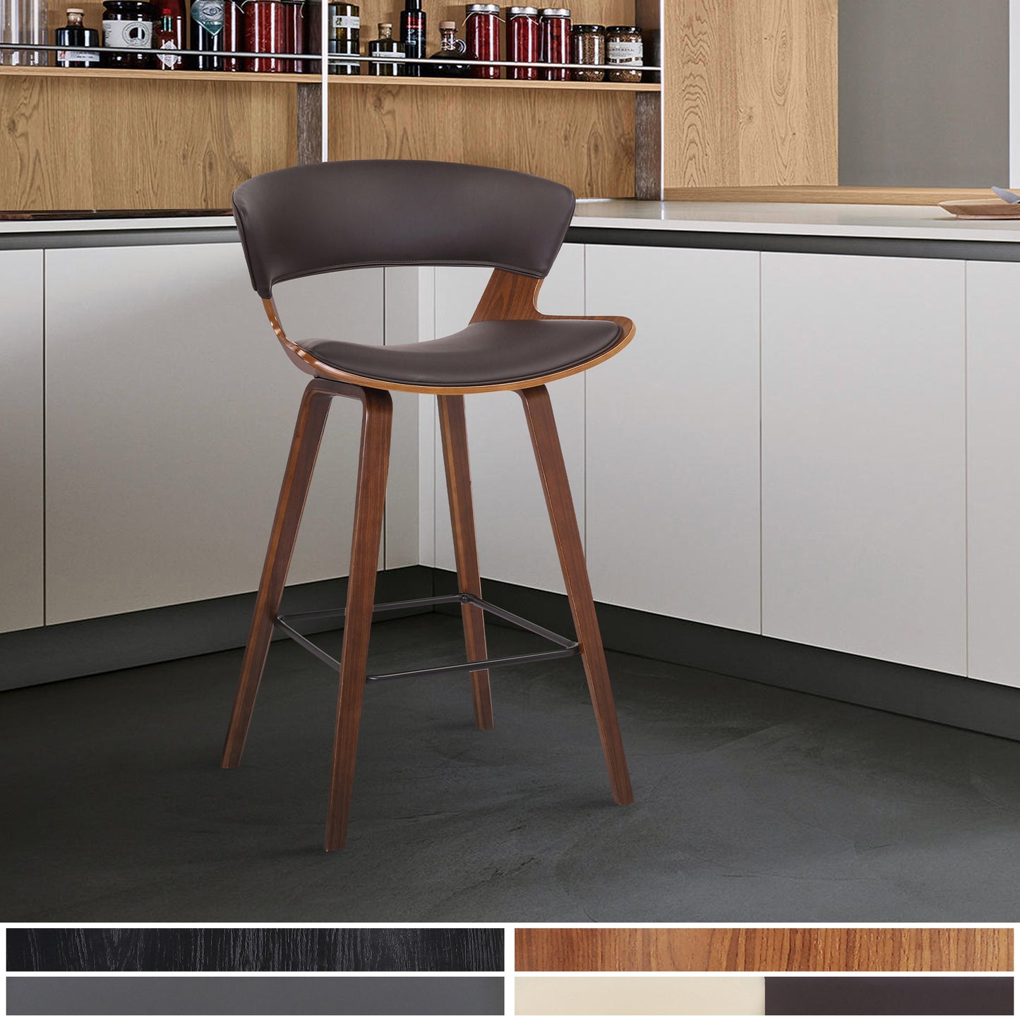 27" Brown Faux Leather and Iron Low Back Counter Height Bar Chair