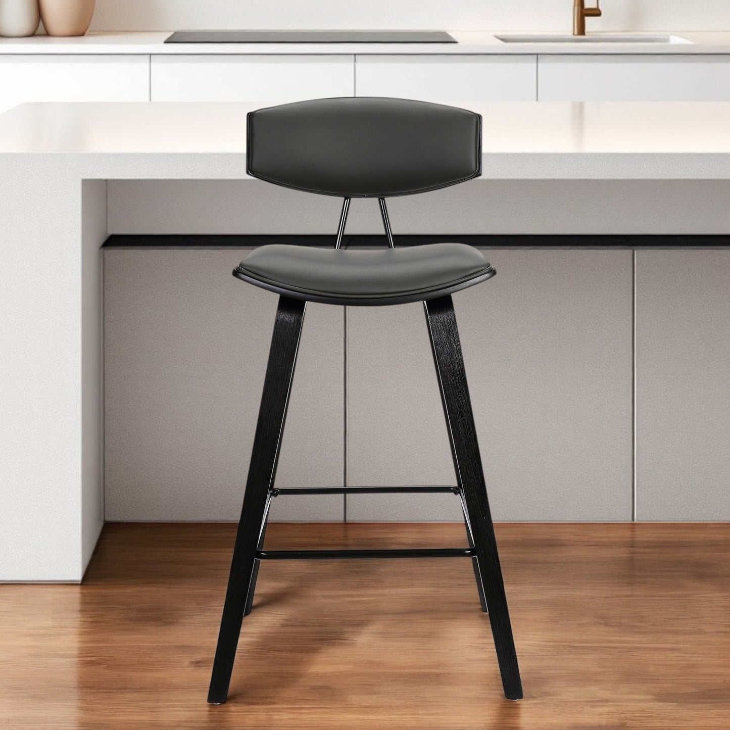 26" Gray and Black Faux Leather and Iron Low Back Counter Height Bar Chair