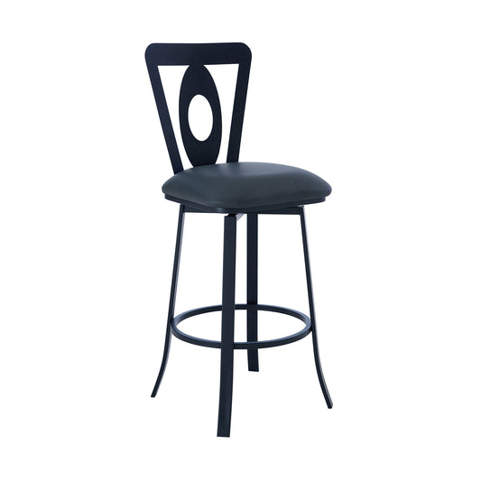 30" Gray and Black Faux Leather and Iron Bar Height Swivel Bar Chair