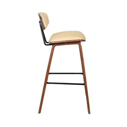 29" Cream and Brown Faux Leather and Iron Low Back Bar Height Bar Chair