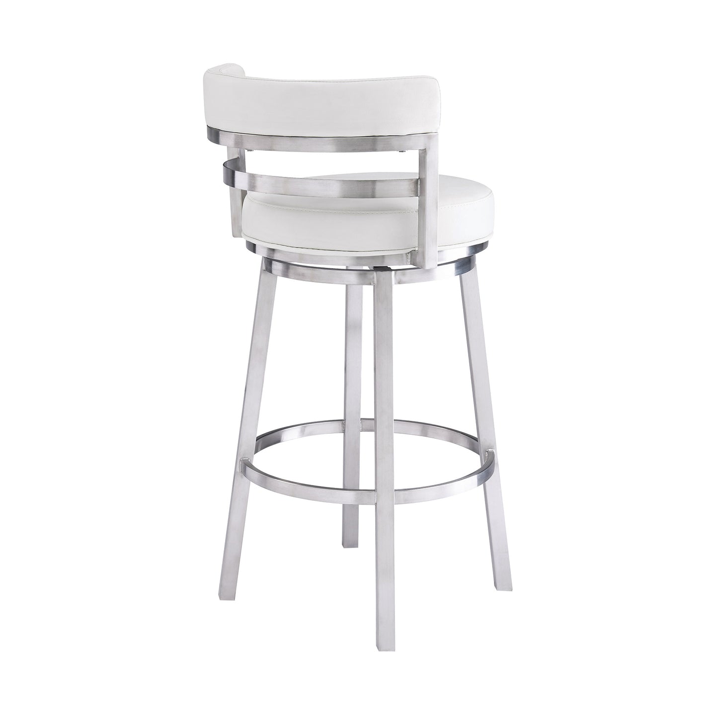 30" White and Silver Faux Leather and Iron Low Back Bar Height Swivel Bar Chair