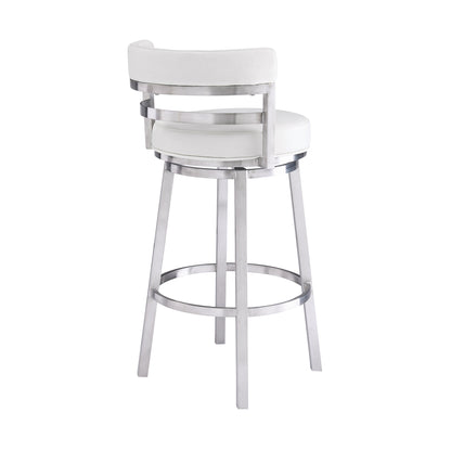 30" White and Silver Faux Leather and Iron Low Back Bar Height Swivel Bar Chair