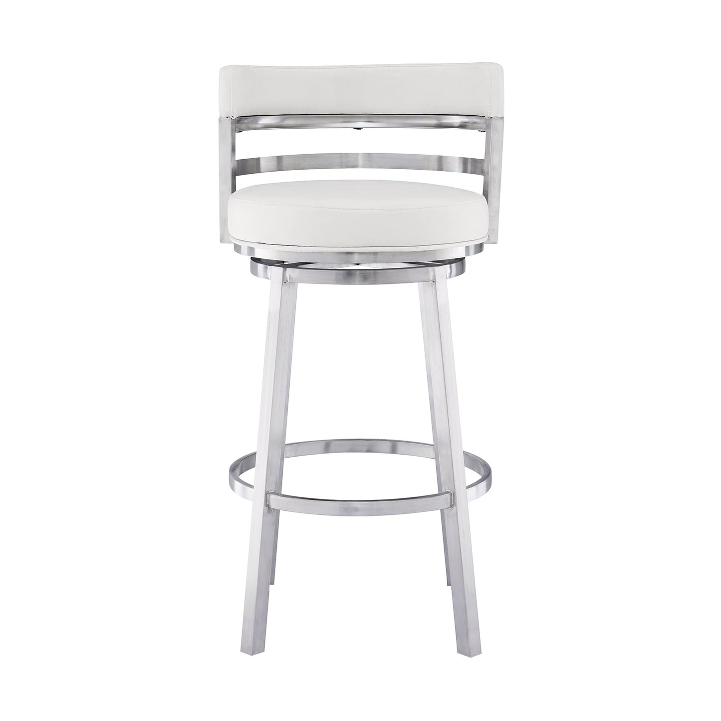 30" White and Silver Faux Leather and Iron Low Back Bar Height Swivel Bar Chair