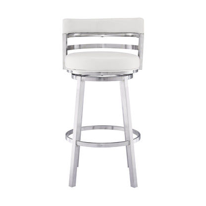 30" White and Silver Faux Leather and Iron Low Back Bar Height Swivel Bar Chair