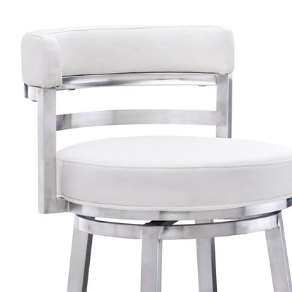 30" White and Silver Faux Leather and Iron Low Back Bar Height Swivel Bar Chair