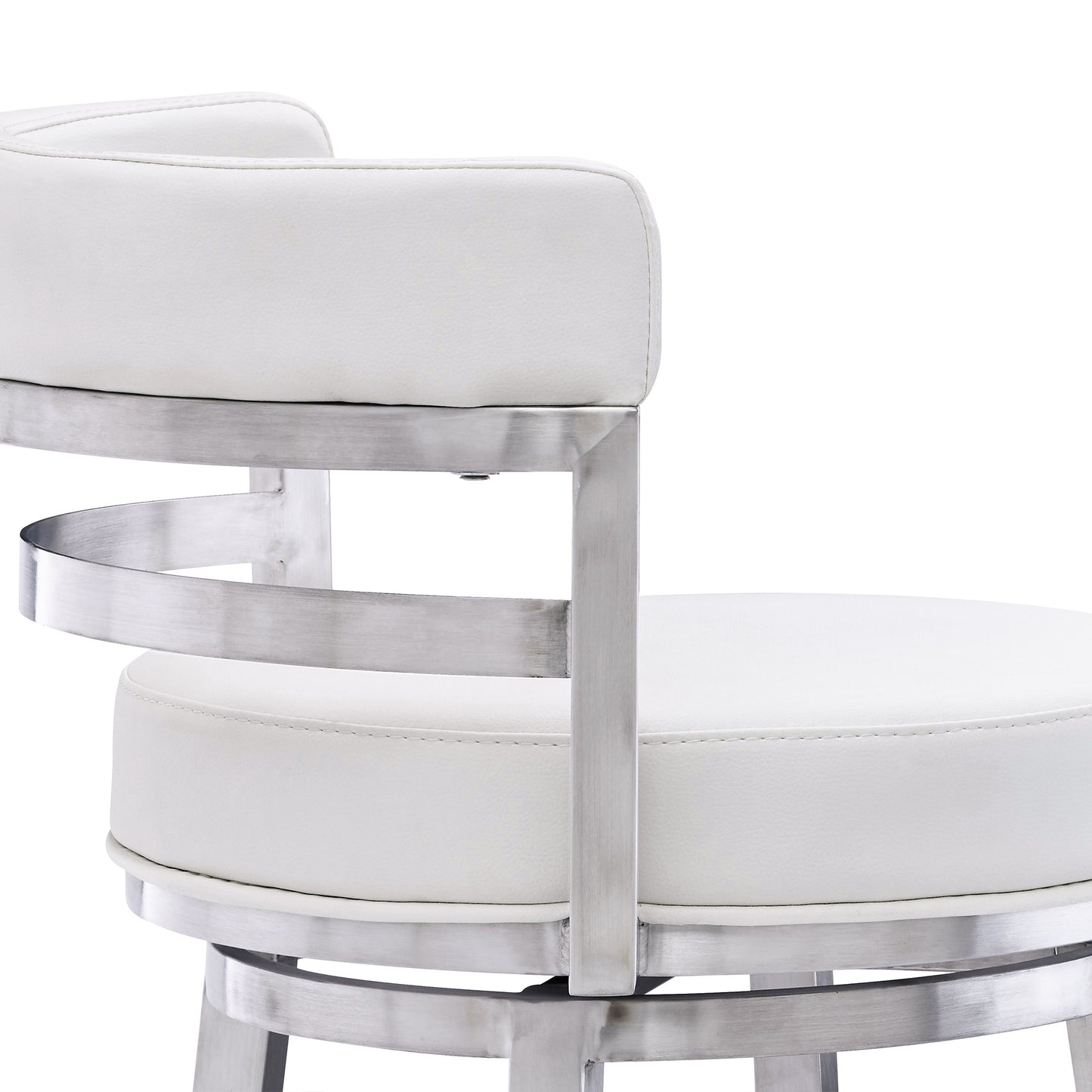 30" White and Silver Faux Leather and Iron Low Back Bar Height Swivel Bar Chair