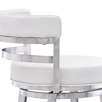 30" White and Silver Faux Leather and Iron Low Back Bar Height Swivel Bar Chair