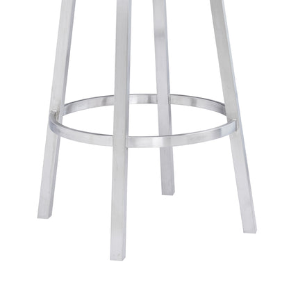 30" White and Silver Faux Leather and Iron Low Back Bar Height Swivel Bar Chair