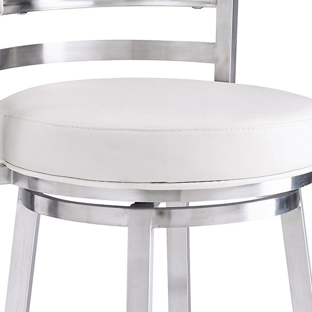 30" White and Silver Faux Leather and Iron Low Back Bar Height Swivel Bar Chair
