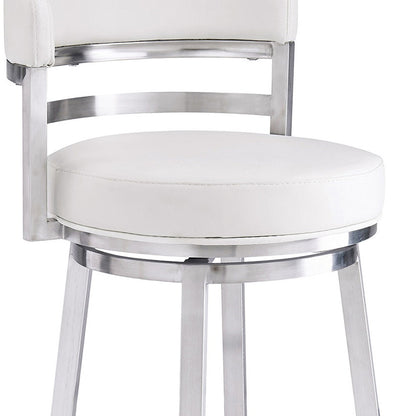 30" White and Silver Faux Leather and Iron Low Back Bar Height Swivel Bar Chair