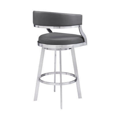 30" Gray and Silver Faux Leather and Iron Low Back Bar Height Swivel Bar Chair