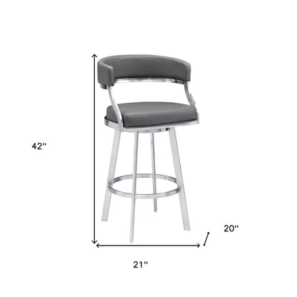 30" Gray and Silver Faux Leather and Iron Low Back Bar Height Swivel Bar Chair