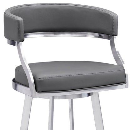30" Gray and Silver Faux Leather and Iron Low Back Bar Height Swivel Bar Chair
