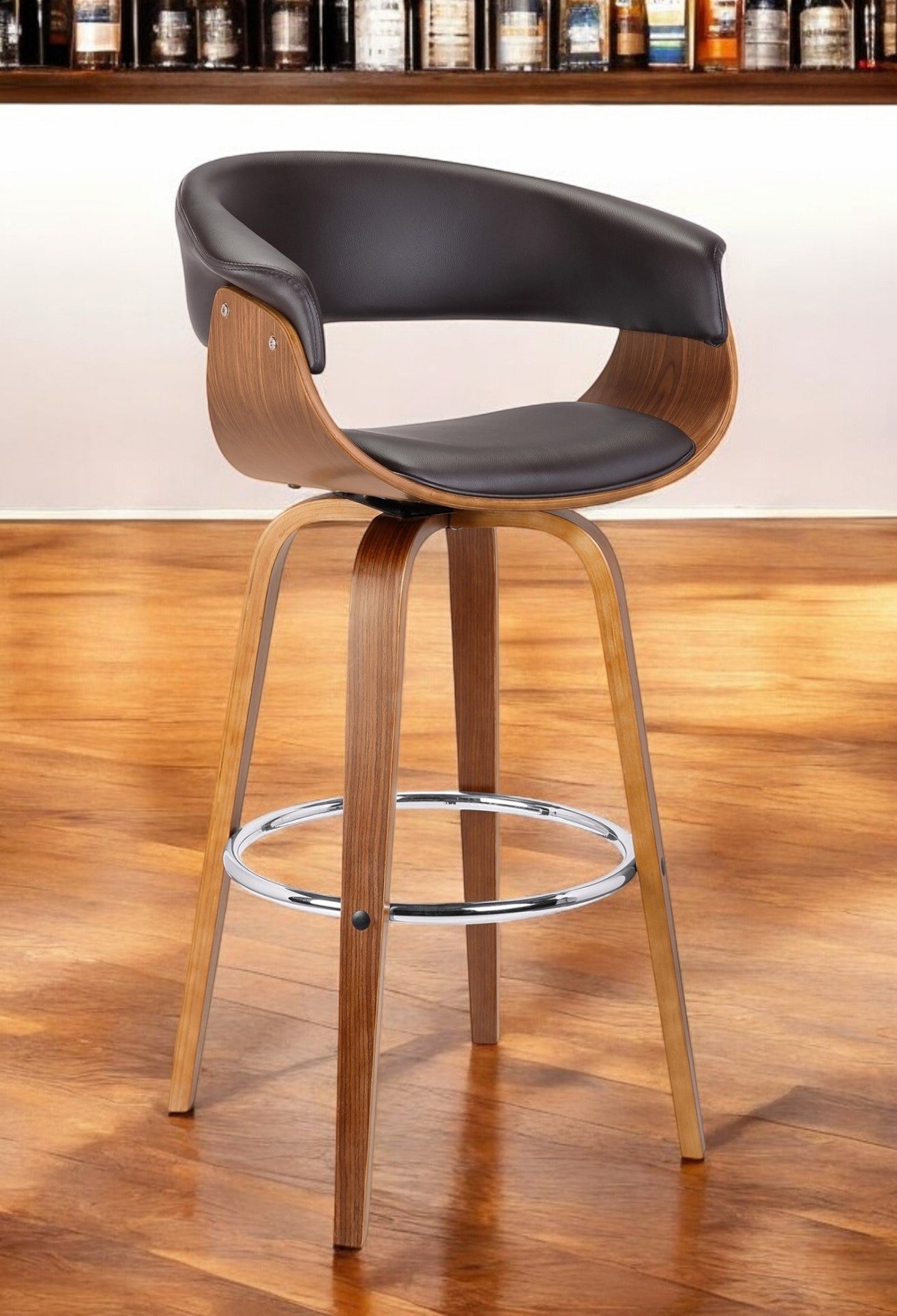 31" Brown Faux Leather And Solid Wood Swivel Low Back Bar Height Bar Chair