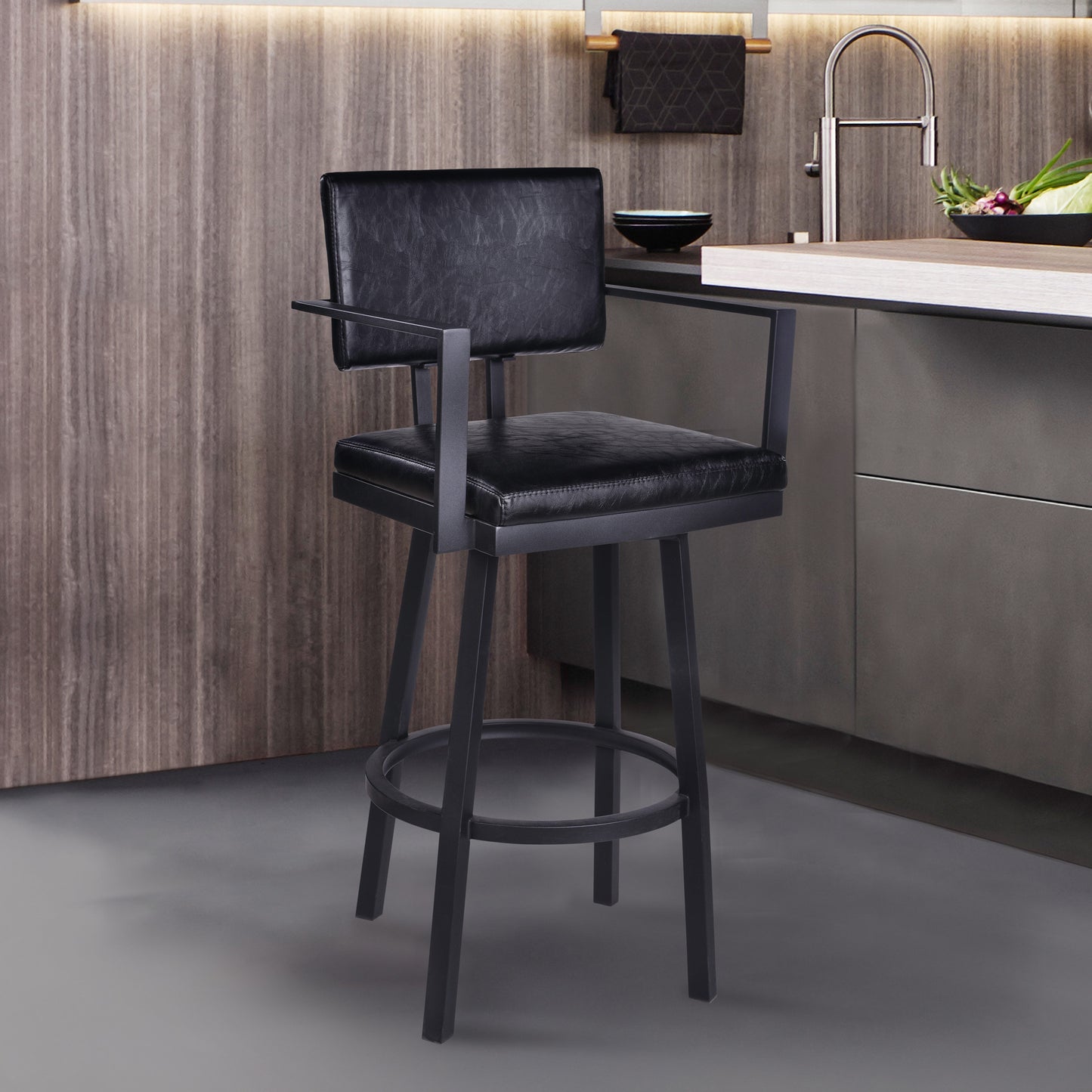 26" Black Faux Leather and Iron Counter Height Swivel Bar Chair