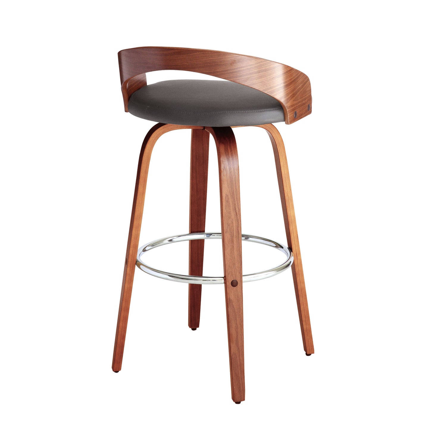 30" Gray and Brown Faux Leather and Iron Low Back Bar Height Swivel Bar Chair
