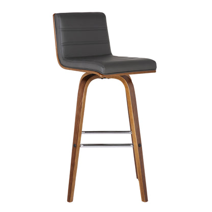30" Gray and Brown Faux Leather and Solid Wood Low Back Bar Height Swivel Bar Chair