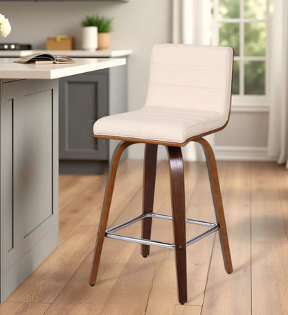26" Cream and Brown Fabric and Iron Low Back Counter Height Swivel Bar Chair