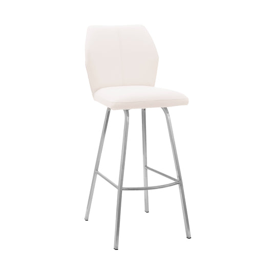 26" White And Silver Faux Leather And Iron Counter Height Bar Chair