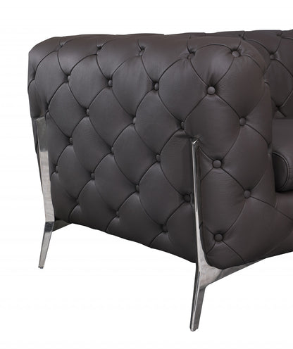 69" Brown And Silver Italian Leather Loveseat