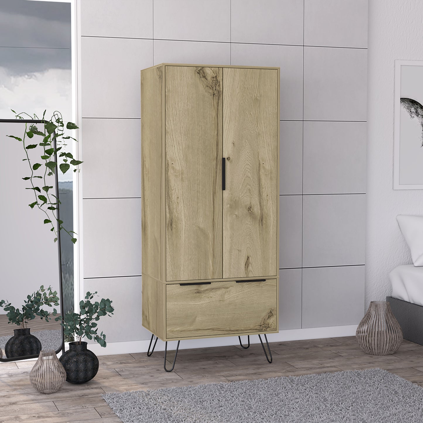 74" Oak Wood Two Door Single Drawer Combo Dresser