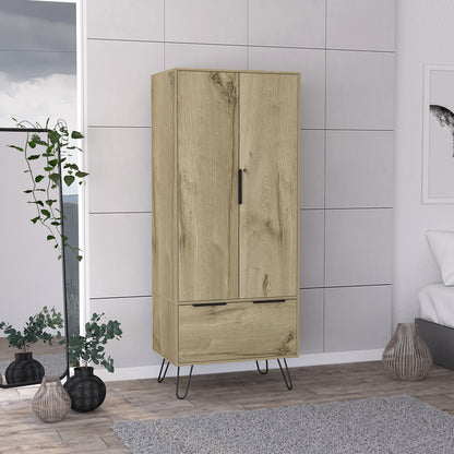74" Oak Wood Two Door Single Drawer Combo Dresser