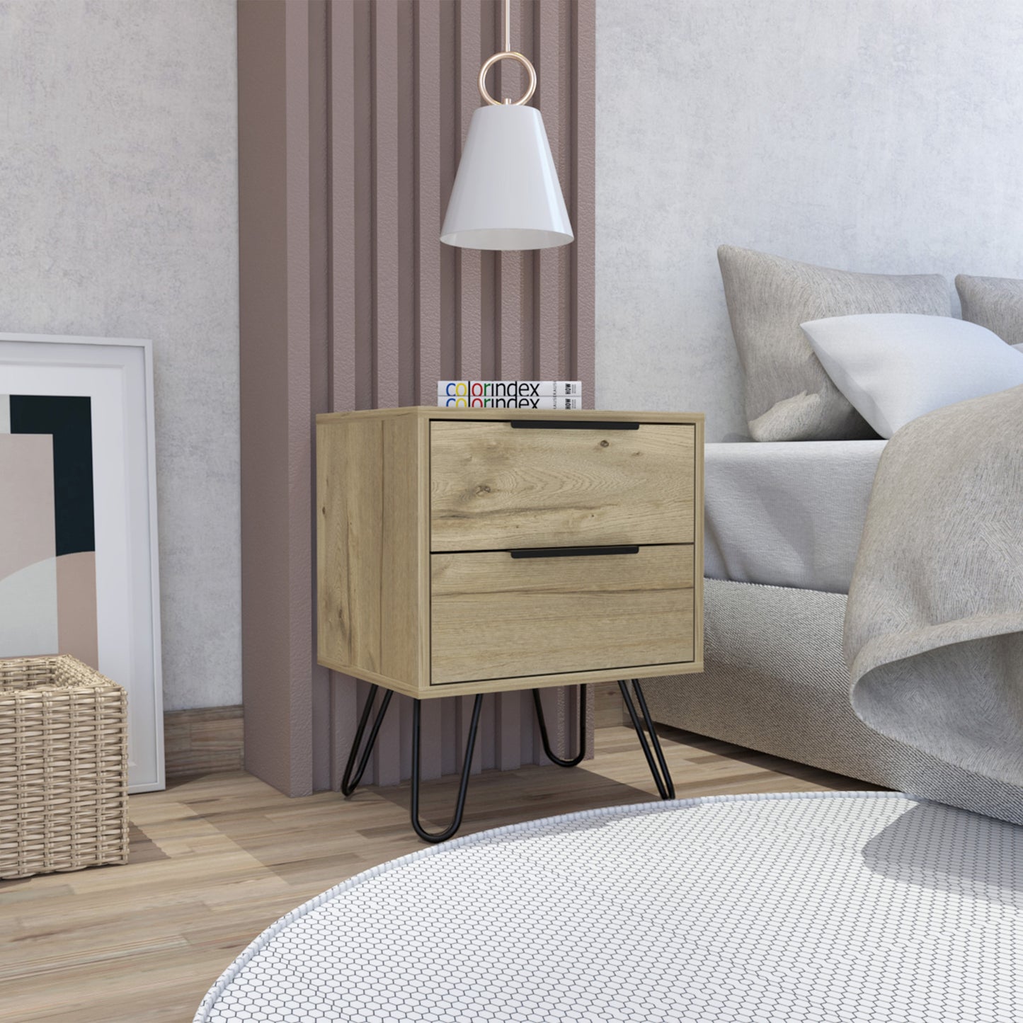 22" Oak Wood Two Drawer Nightstand