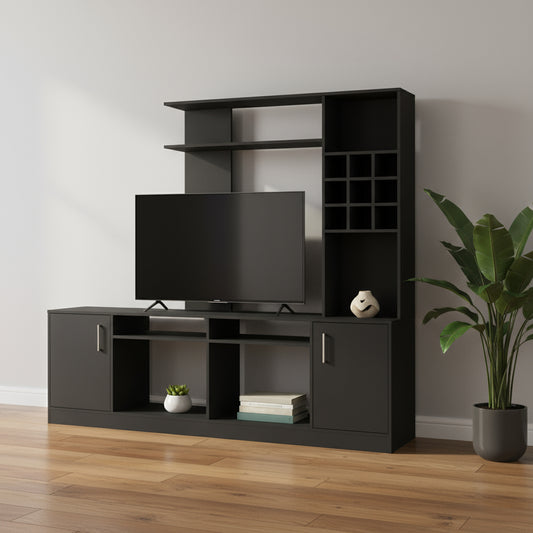 78" Black Wood Open shelving Entertainment Center
