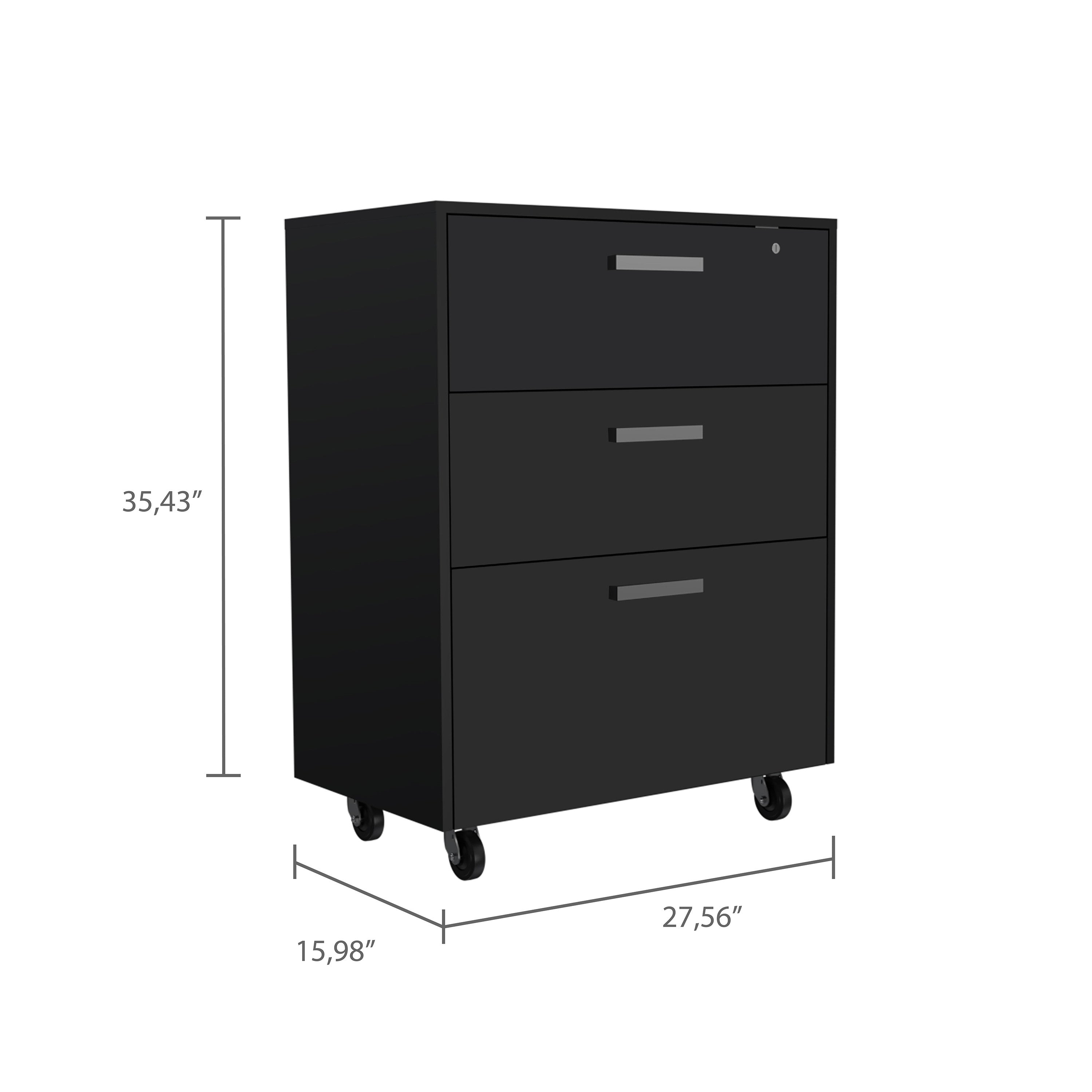 35" Black Wood Three Drawers Filing Cabinet