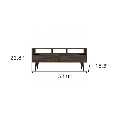 54" Dark Brown Walnut Enclosed and Open Storage TV Stand