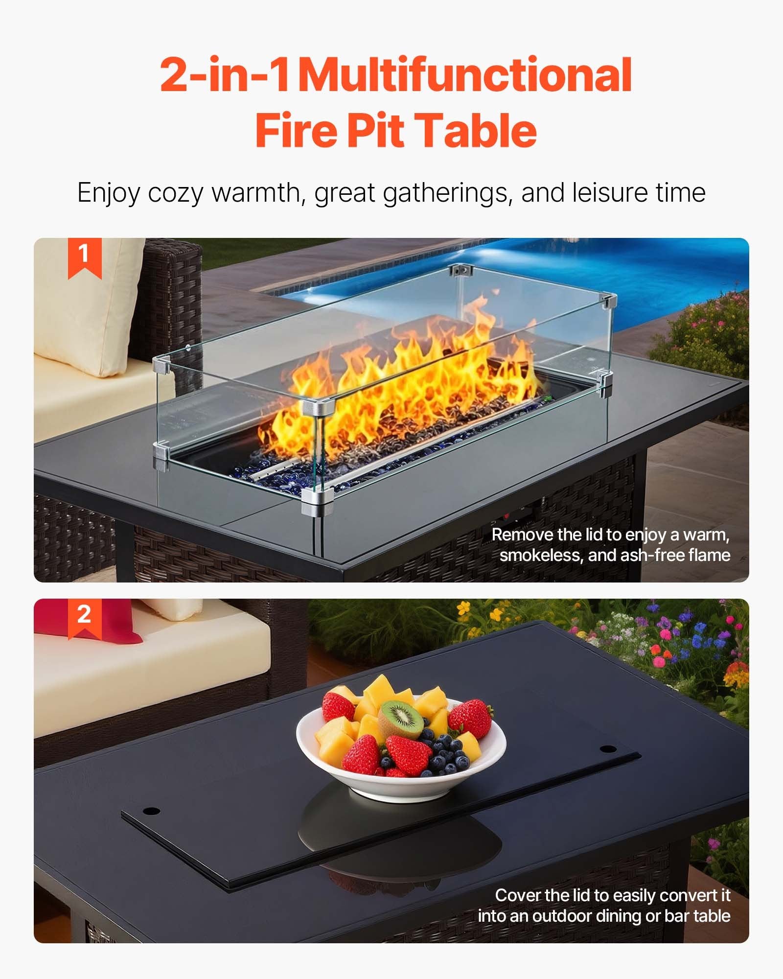 6-Piece Outdoor Patio Furniture Set, Wicker Rattan Outdoor Sectional Conversation Set With 50000BTU Propane Fire Pit Table, Cushioned Sofas, Coffee Table & Ottoman For Patio Garden Backyard