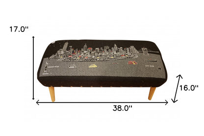 38" Gray Wool and Brown Ottoman