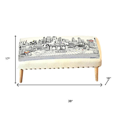 38" Cream Wool And Brown Ottoman
