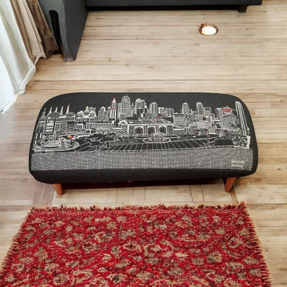 38" Black Wool and Brown Ottoman
