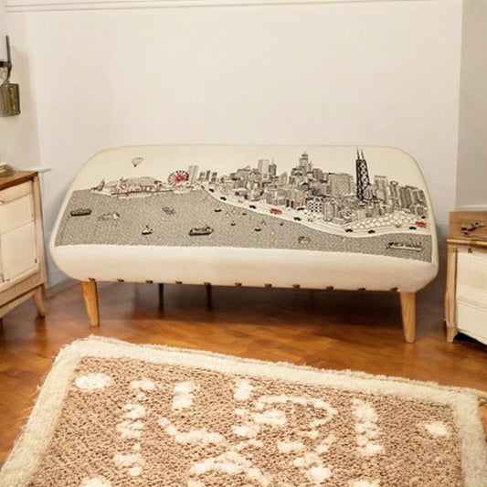 38" Cream Wool and Brown Ottoman