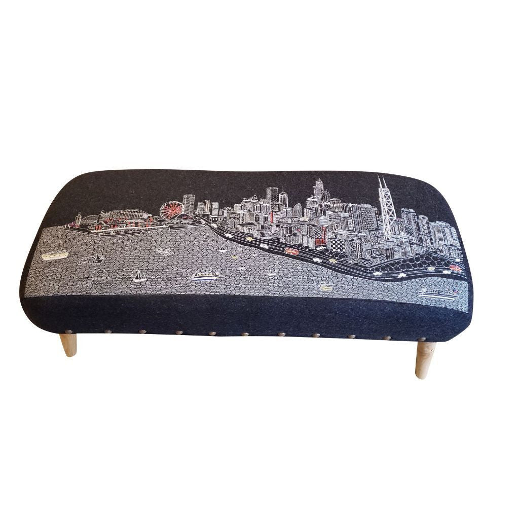 38" Gray Wool and Brown Ottoman