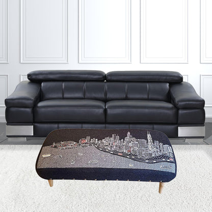 38" Gray Wool and Brown Ottoman