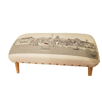 38" Cream Wool and Brown Ottoman